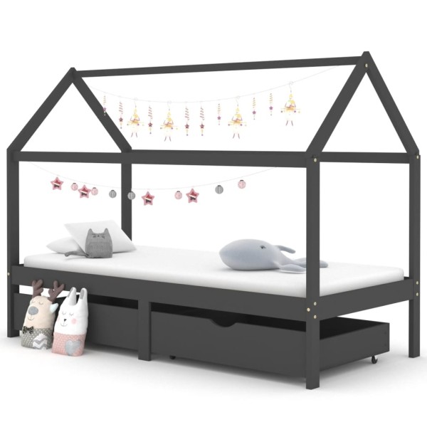 Villawee Hausbett mit Schubladen ANNA Dunkelgrau Massivholz Kiefer Kinderbett 90 x 200 cm