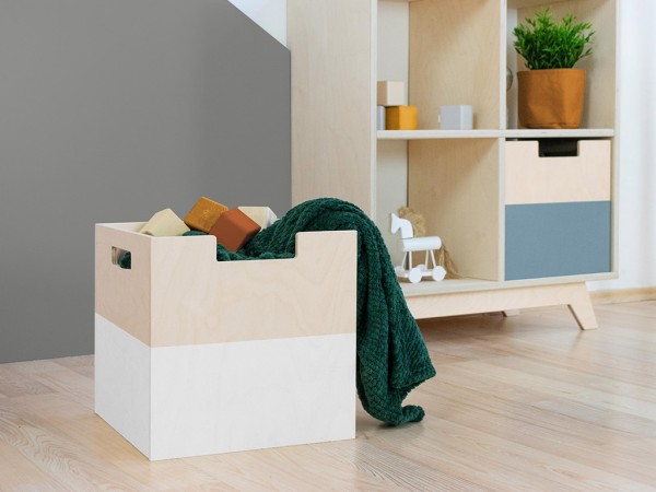 Aufbewahrungsbox ALMA Kinder Holzbox mit recheckiger Aussparung und Griffen